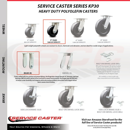 Service Caster 5 Inch Polyolefin Caster Set with Roller Bearing 2 Brakes 2 Rigid SCC-30CS520-POR-TLB-2-R520-2
